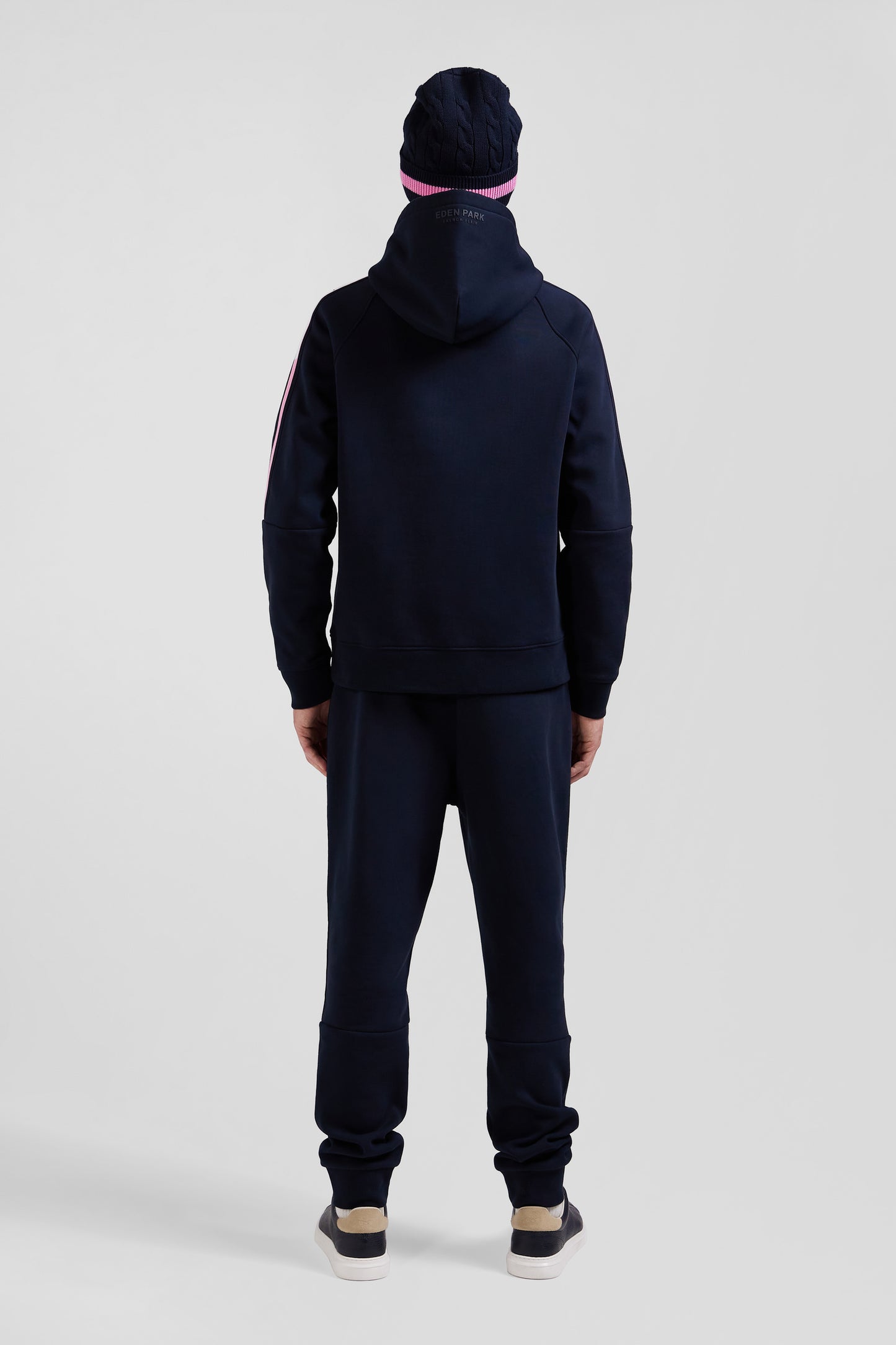 Relaxed navy blue fleece hoodie with branded drawstrings