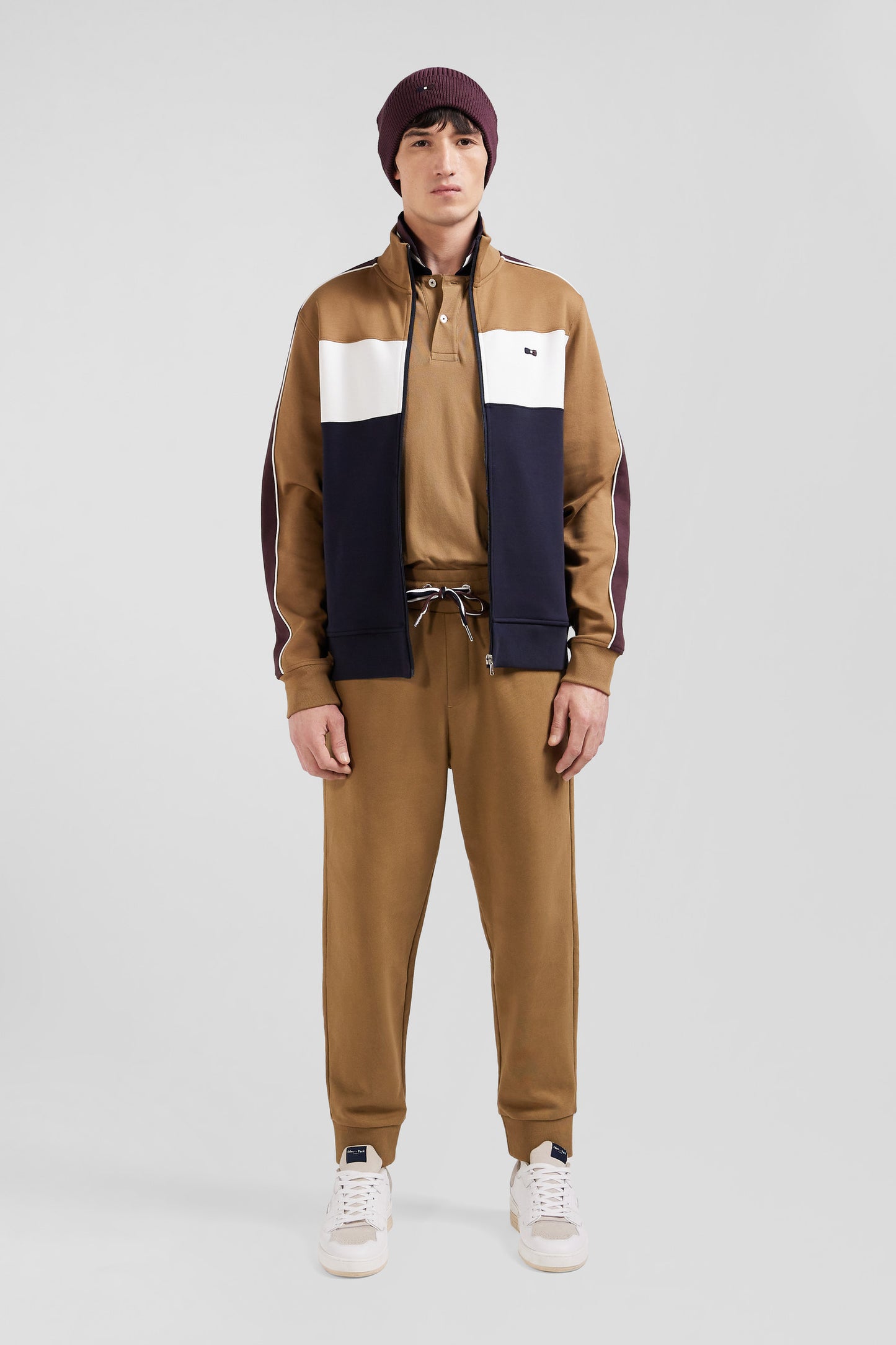 Sweatshirt zippé colorblock en coton mélangé noisette coupe Regular