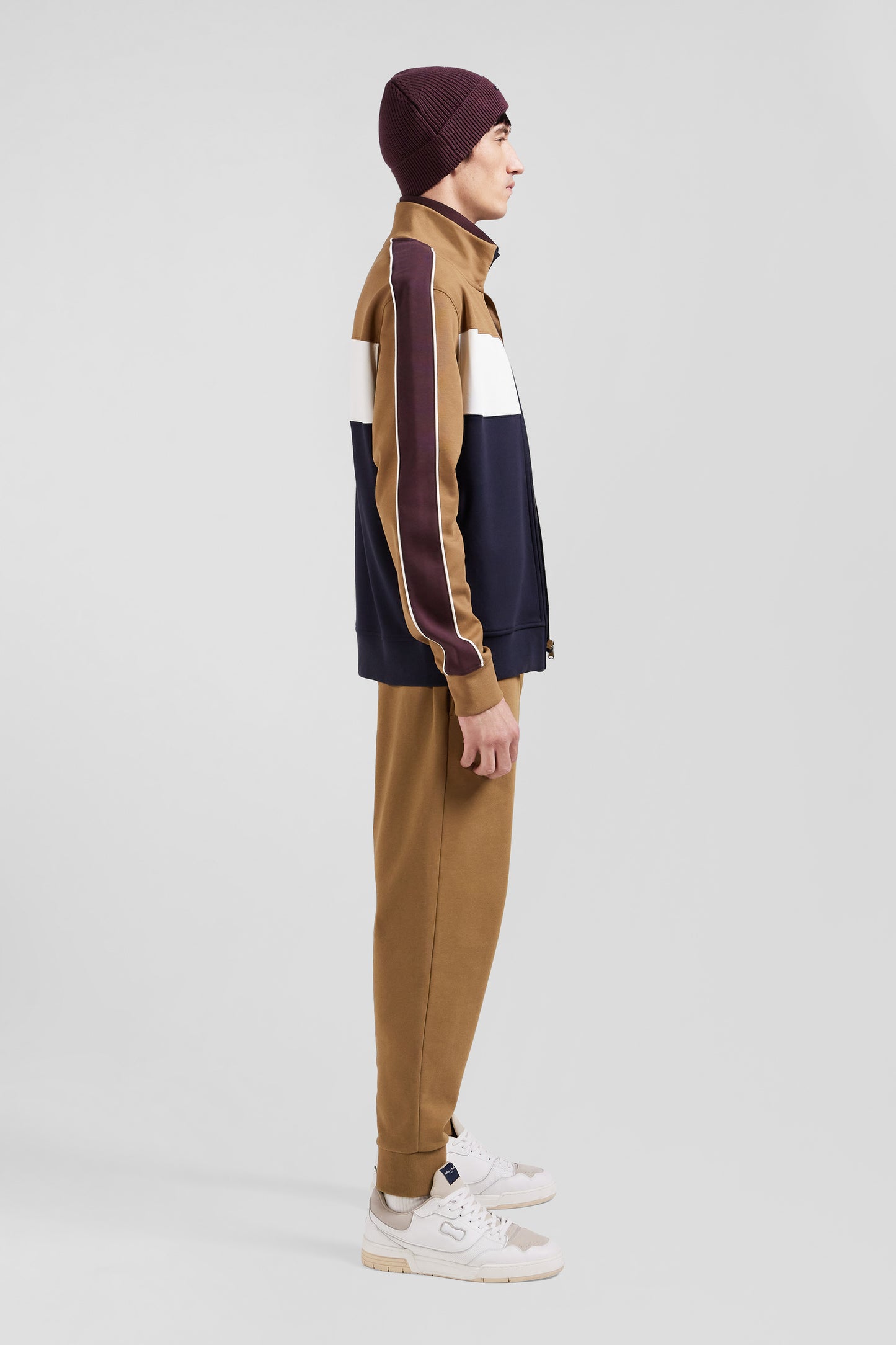 Sweatshirt zippé colorblock en coton mélangé noisette coupe Regular