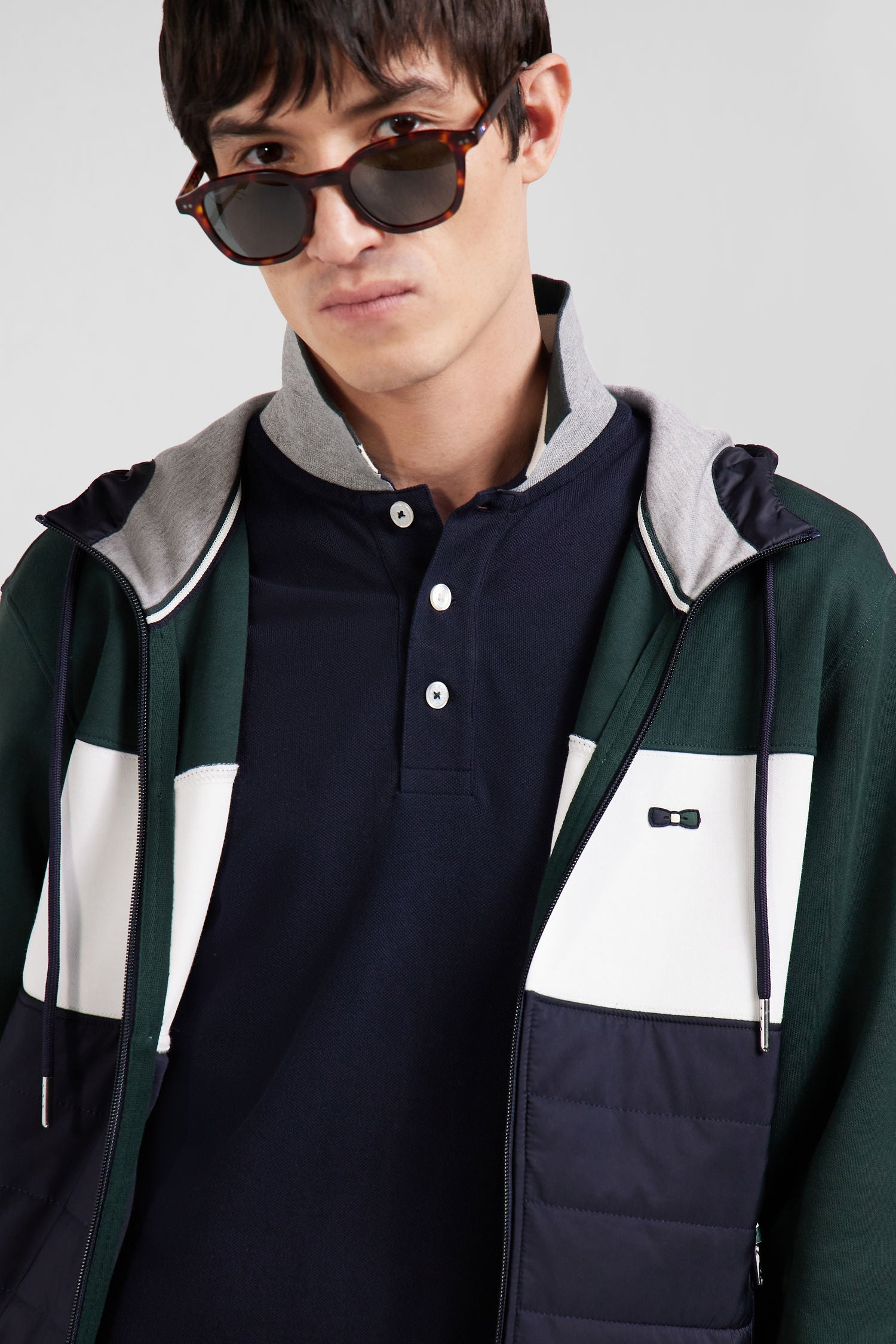 Regular green cotton blend hoodie with padded front