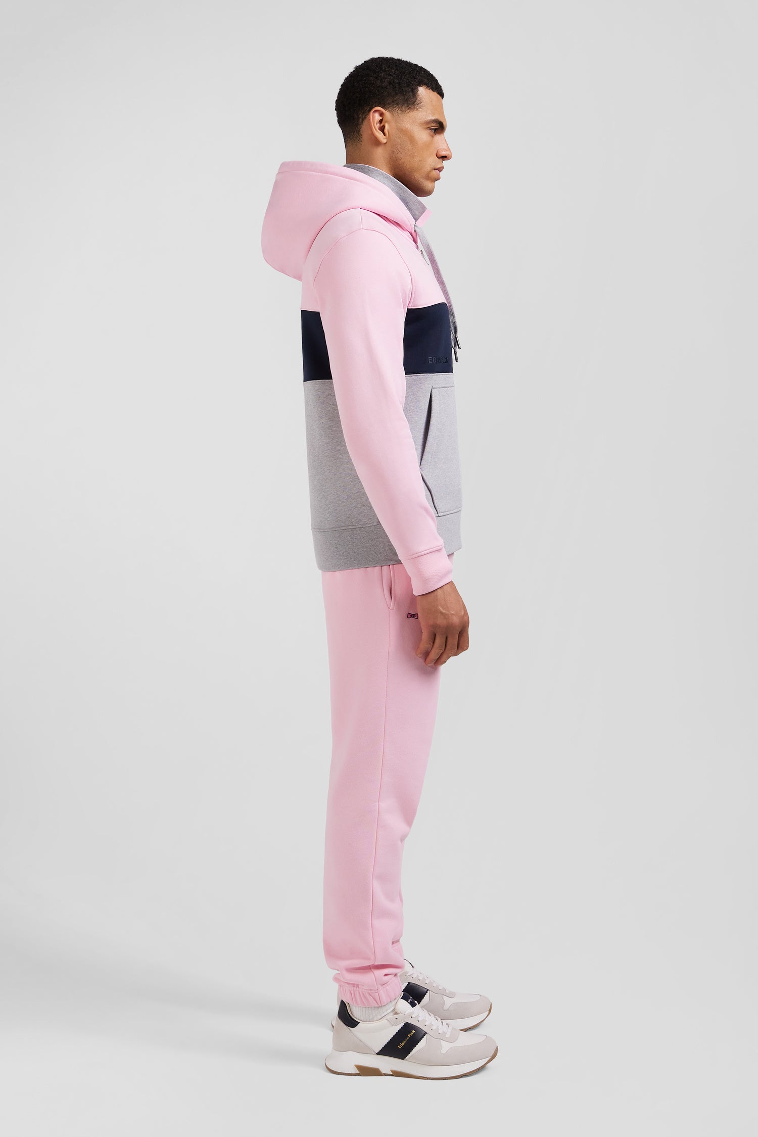 Sweatshirt à capuche zippé colorblock en coton rose coupe Regular