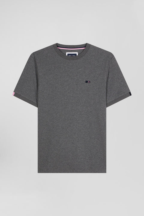 Regular grey short-sleeved cotton T-shirt with emblem embroidery - Image 2