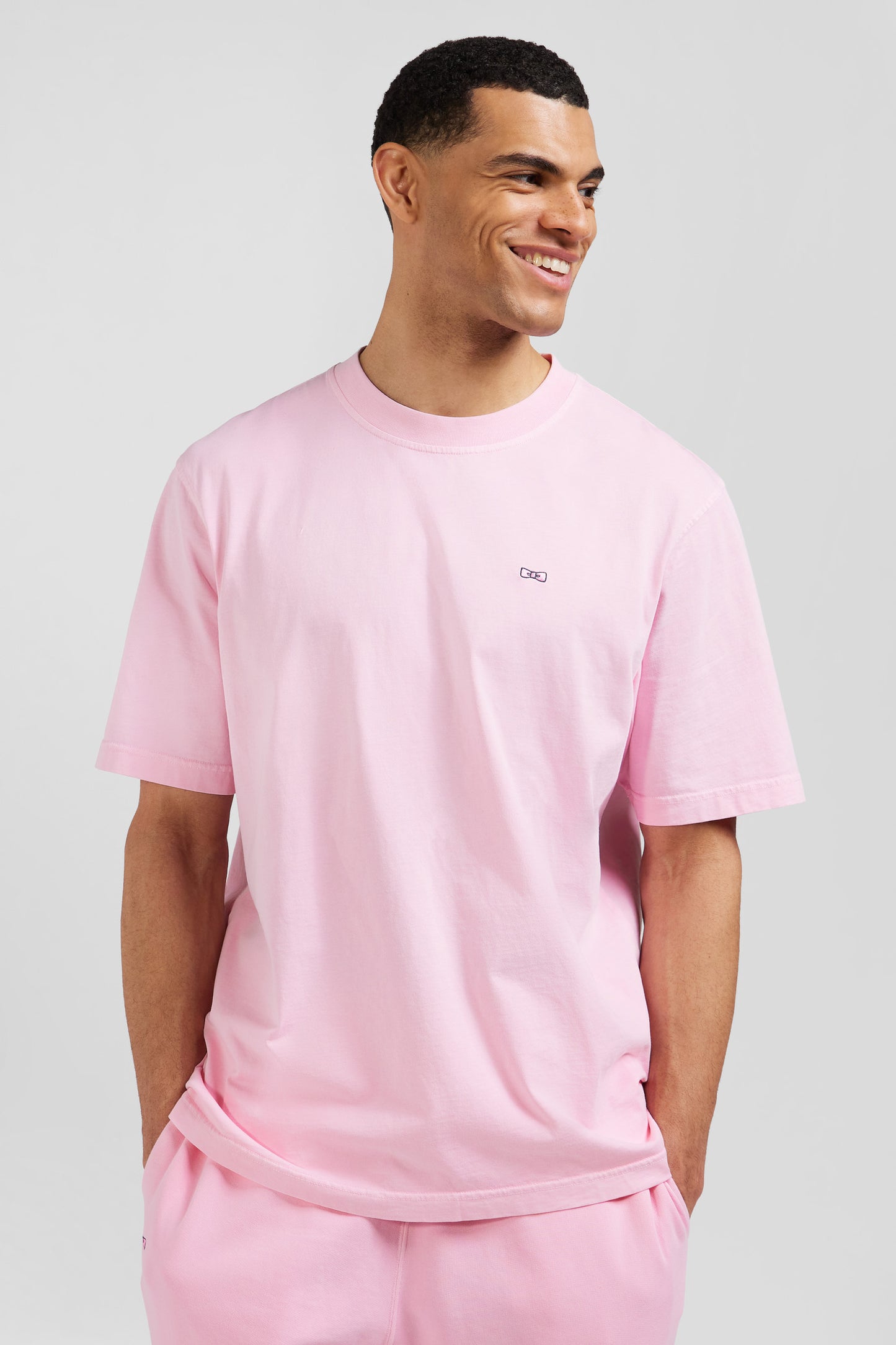 Oversize pink unisex short-sleeved T-shirt in overdyed cotton