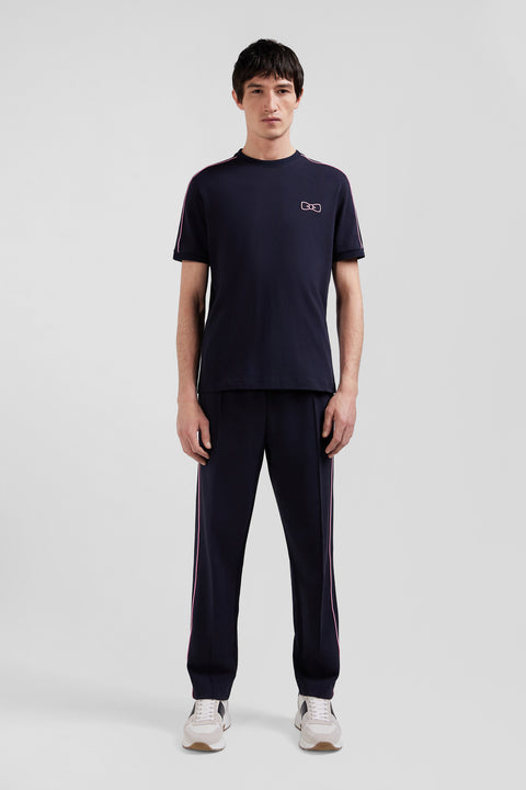 Regular navy short-sleeved cotton T-shirt with pink piping - Image 1