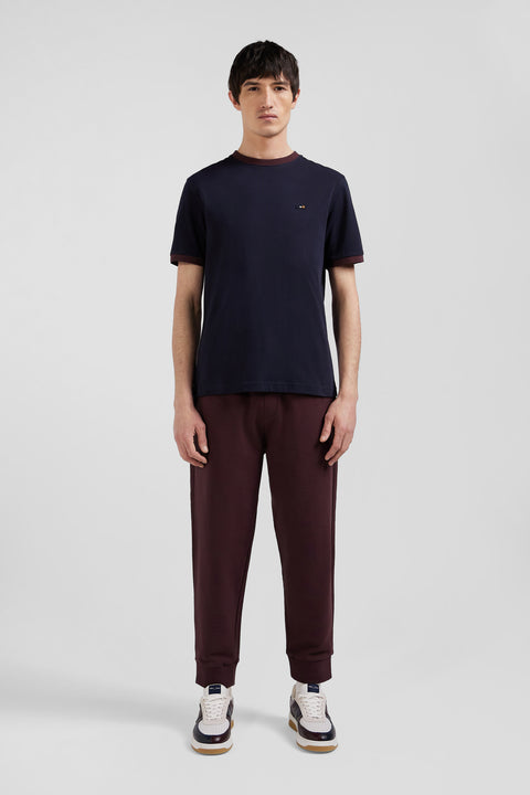 Regular navy short-sleeved cotton T-shirt with back embroidery - Image 1