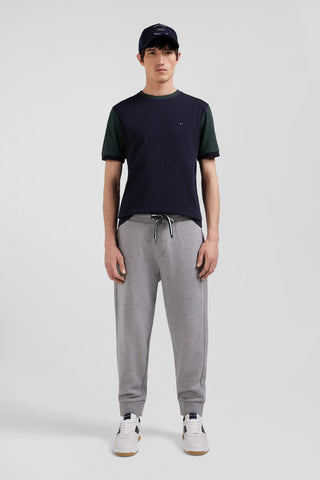 Regular green cotton T-shirt with short contrasting sleeves