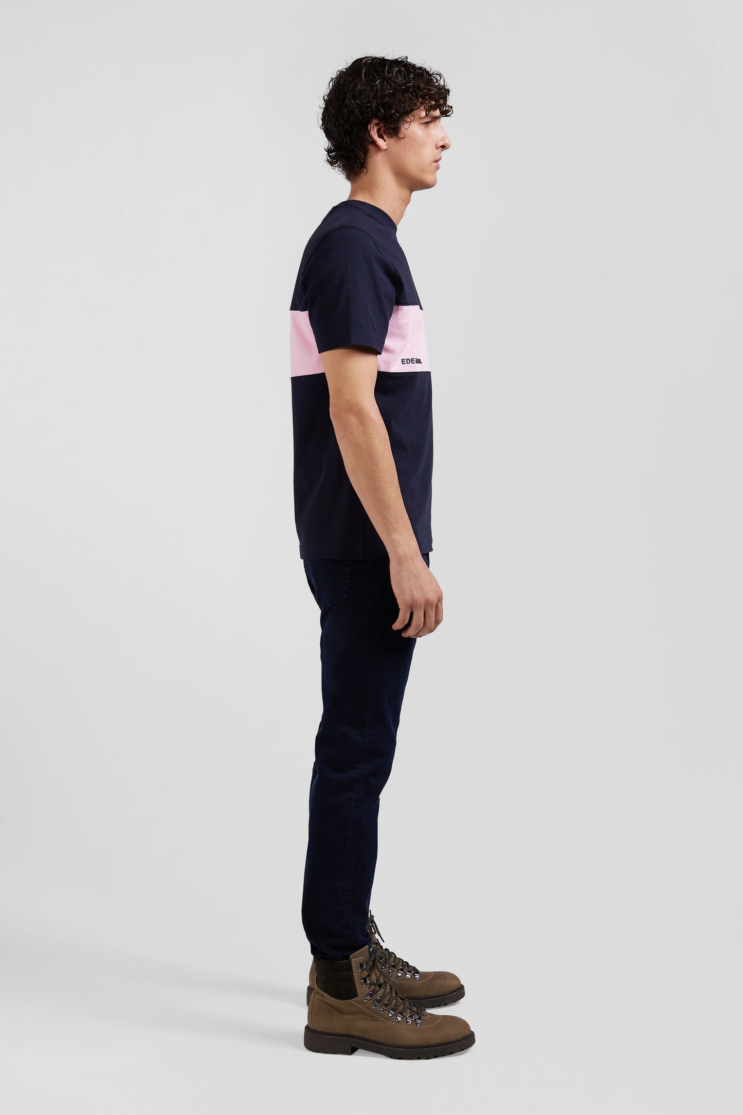 Regular navy and pink bicolor short-sleeved cotton T-shirt