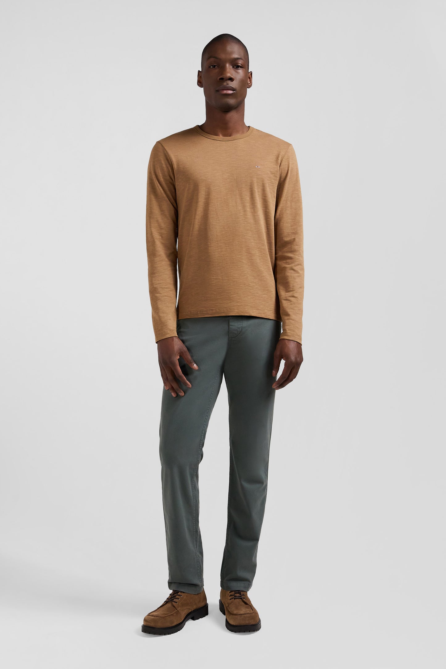 T-shirt manches longues en coton uni noisette coupe Slim