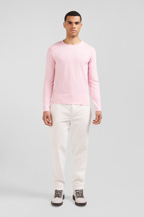 T-shirt manches longues en coton uni rose coupe Slim - Image 1