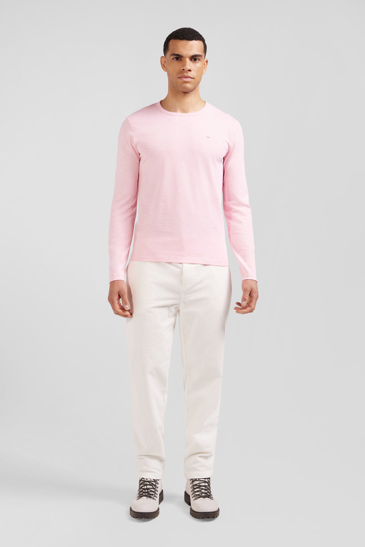 T-shirt manches longues en coton uni rose coupe Slim