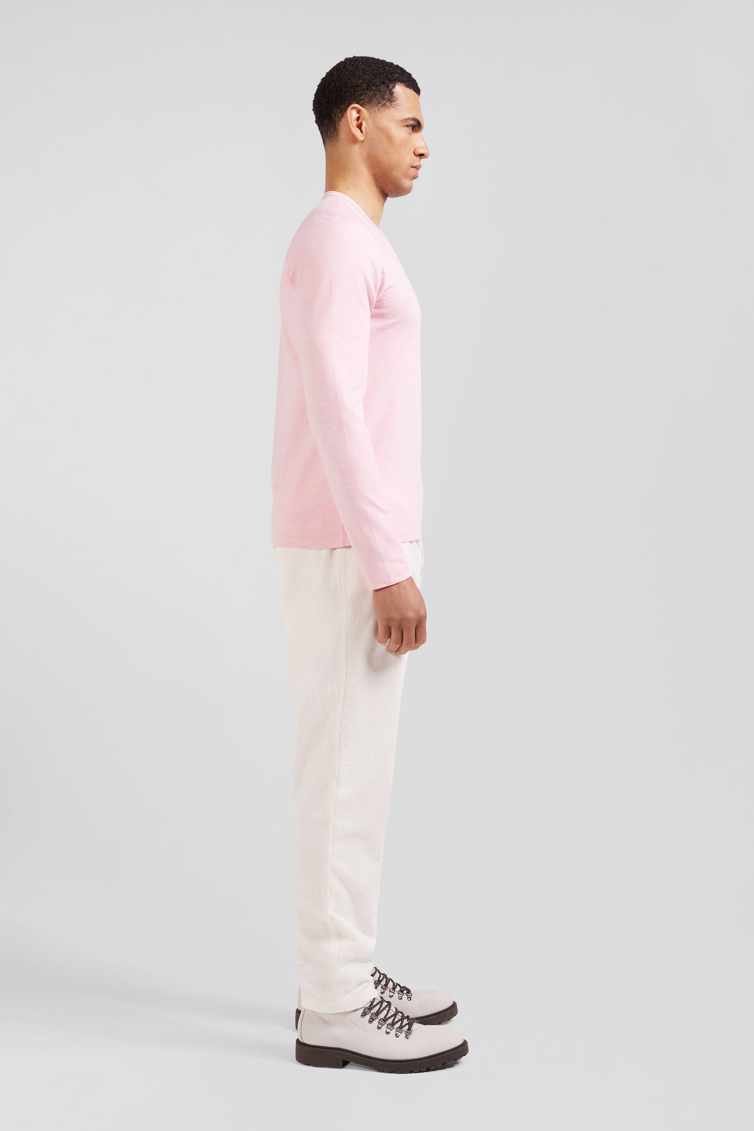 T-shirt manches longues en coton uni rose coupe Slim