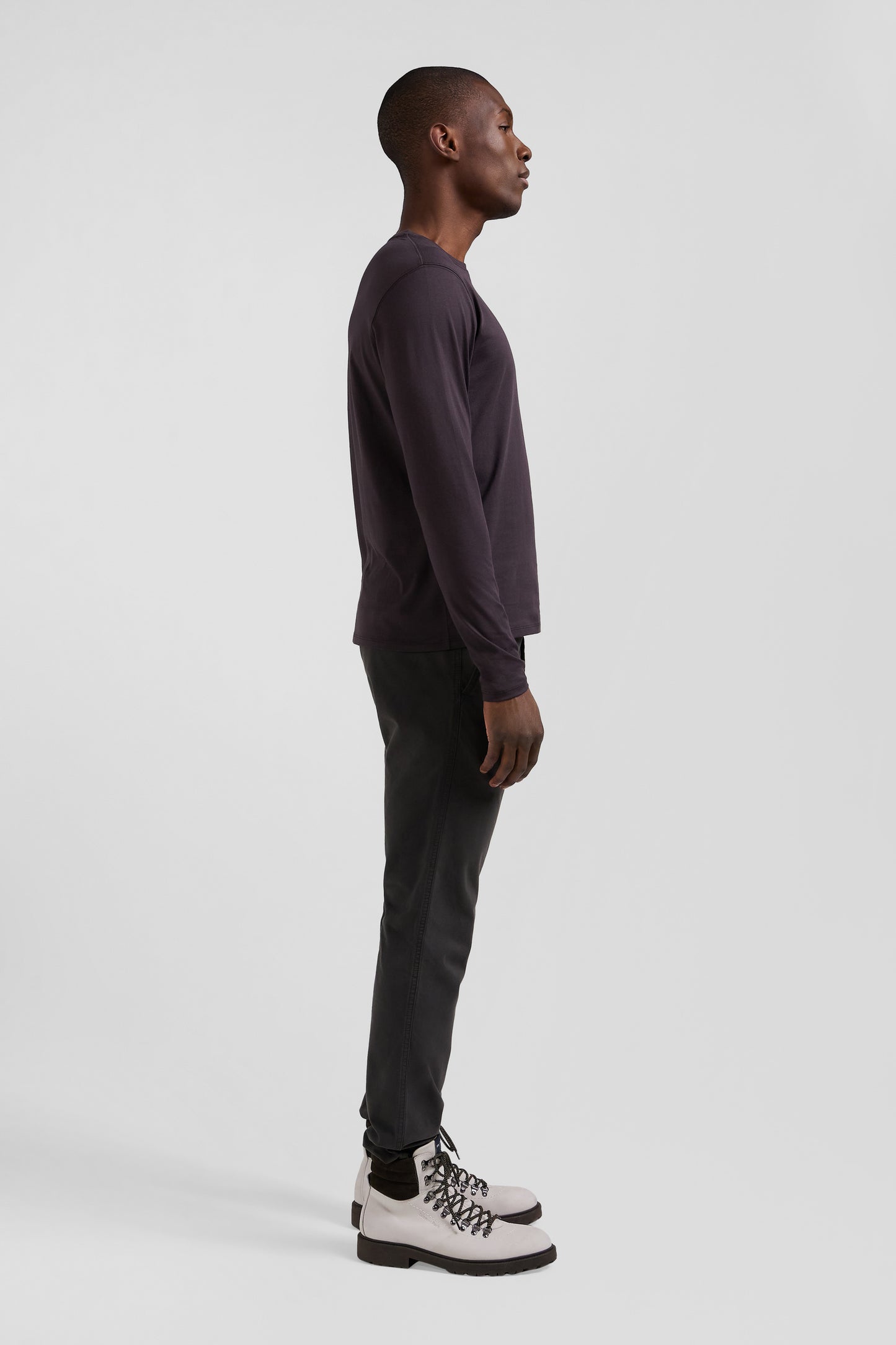 T-shirt manches longues en coton Pima marron foncé coupe Regular