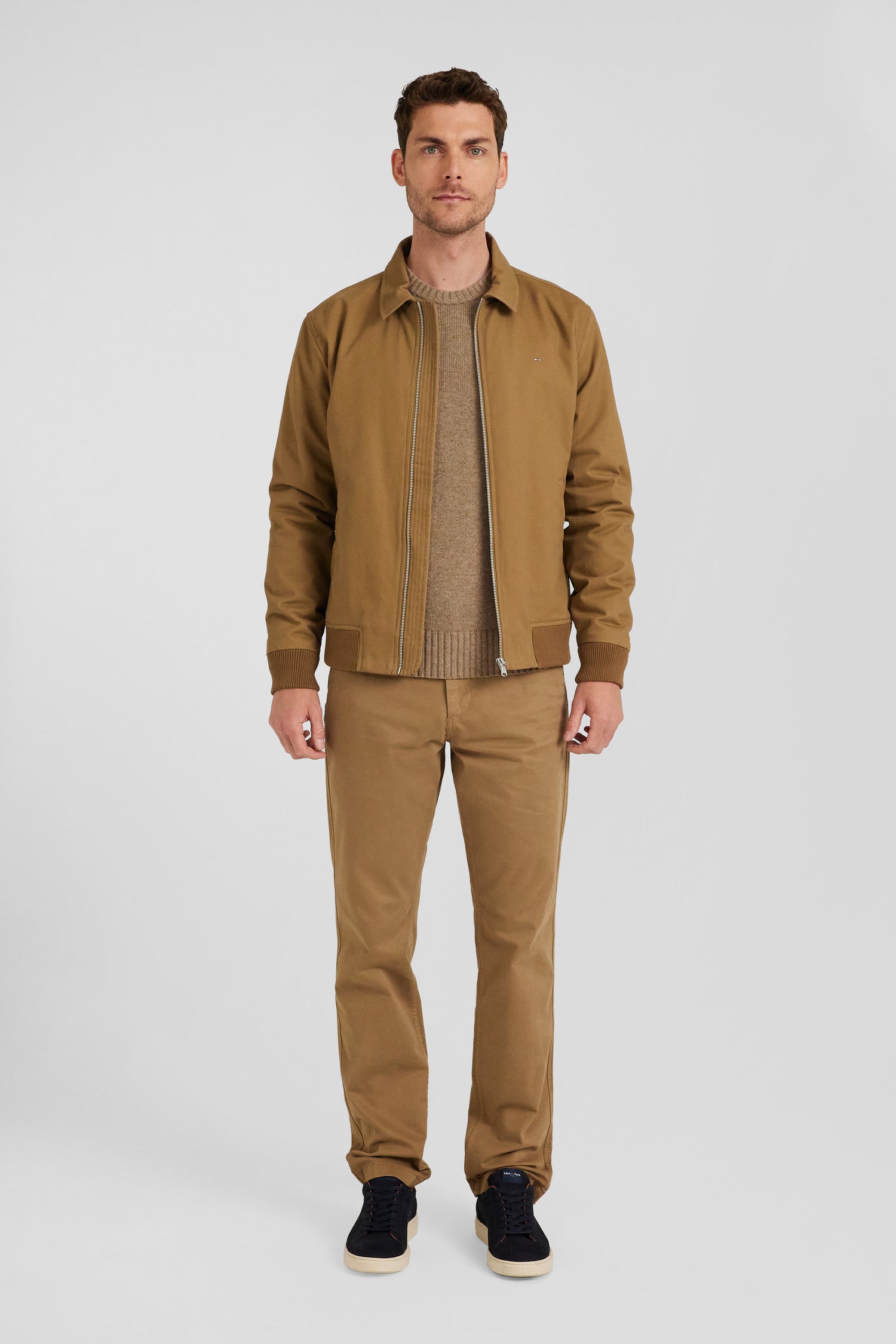 Blouson zippé à col chemise en gabardine de coton camel