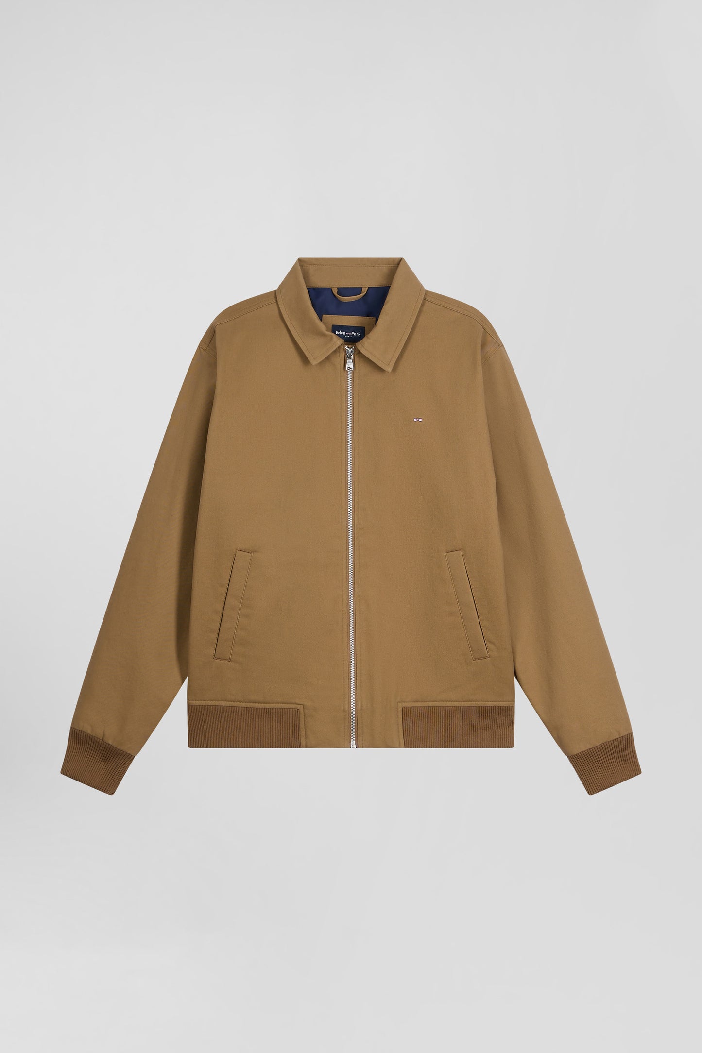 Blouson zippé à col chemise en gabardine de coton noisette