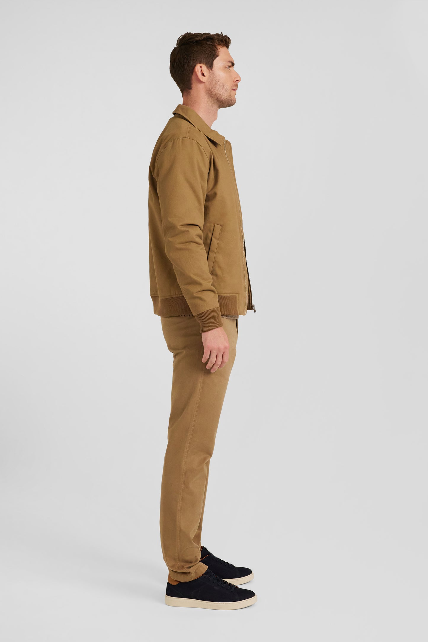 Blouson zippé à col chemise en gabardine de coton camel