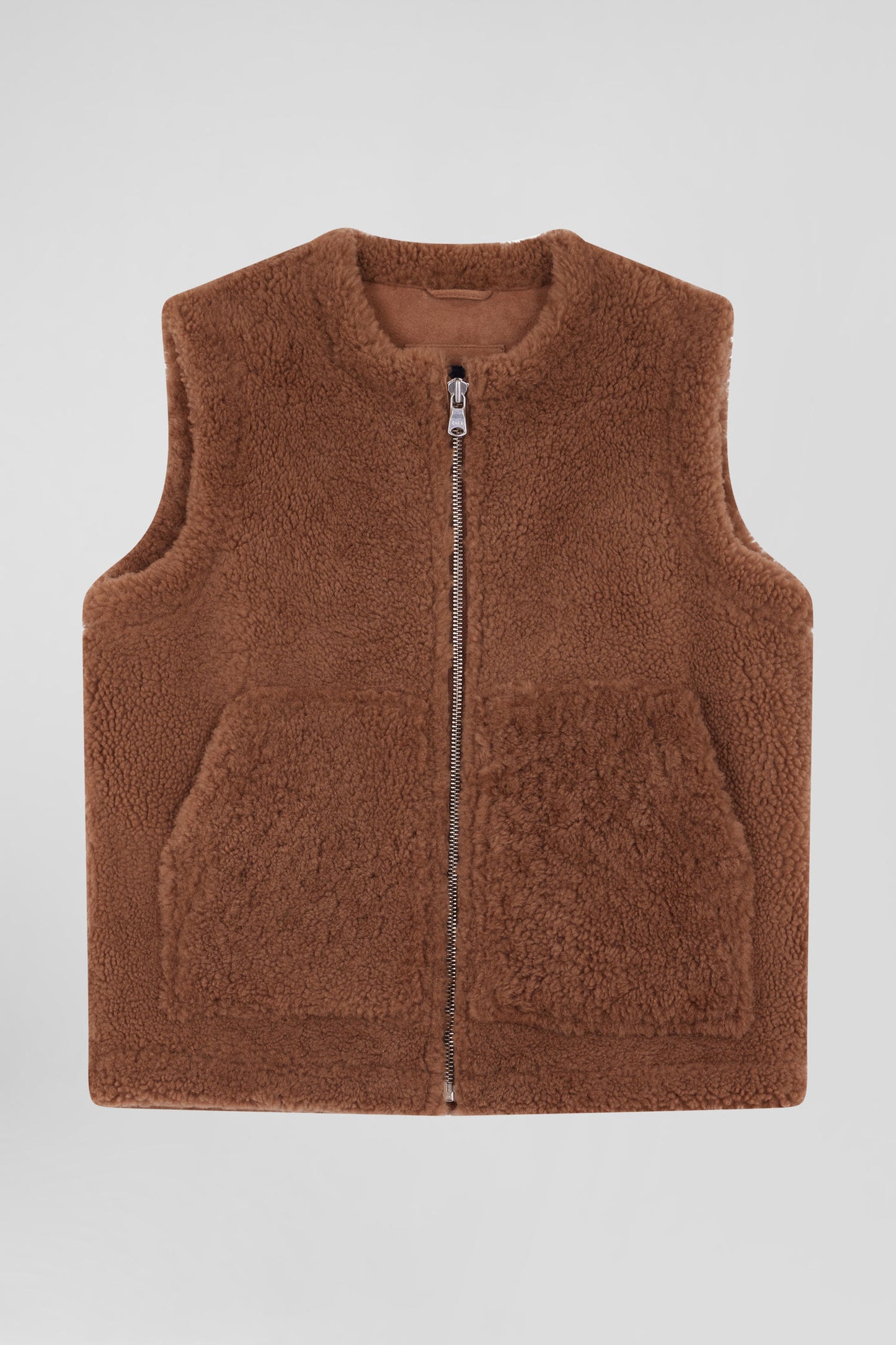 Gilet sans manches zippé en peau retournée camel coupe Relaxed