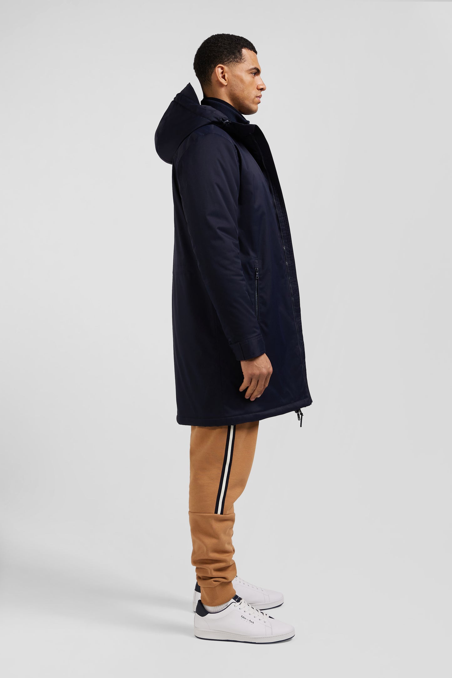 Parka longue à capuche en nylon bleu marine