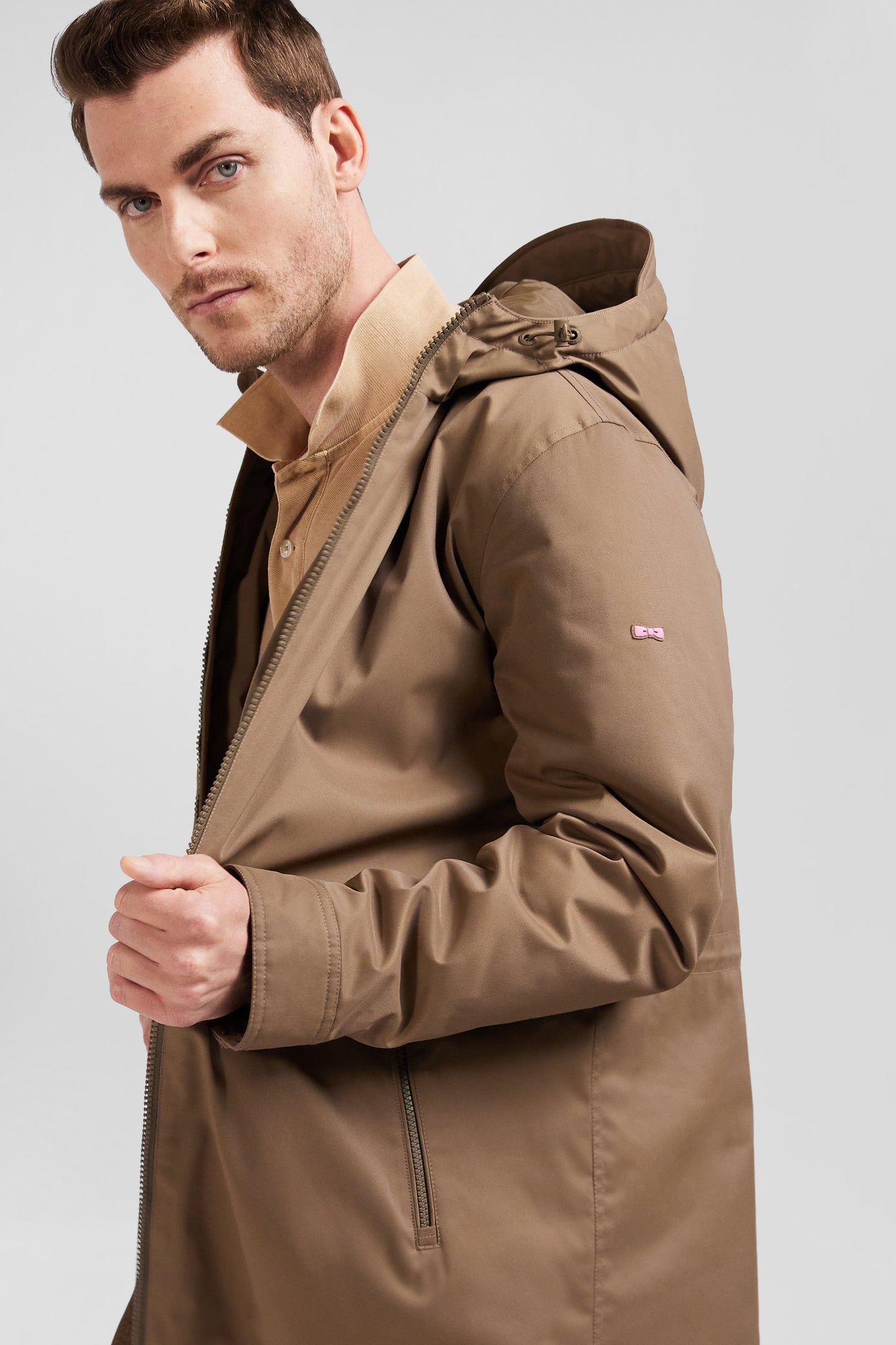 Brown long hooded nylon parka