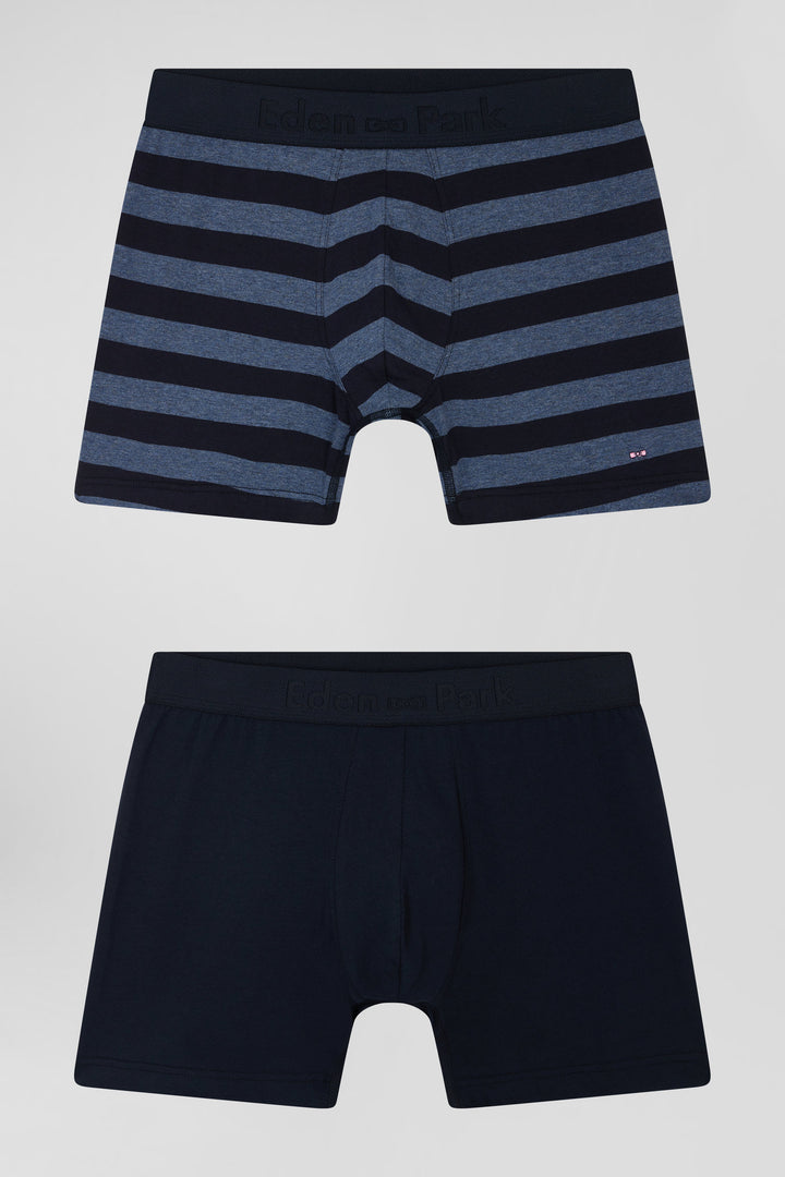 Lot de 2 boxers en coton stretch uni et cerclé bleu foncé