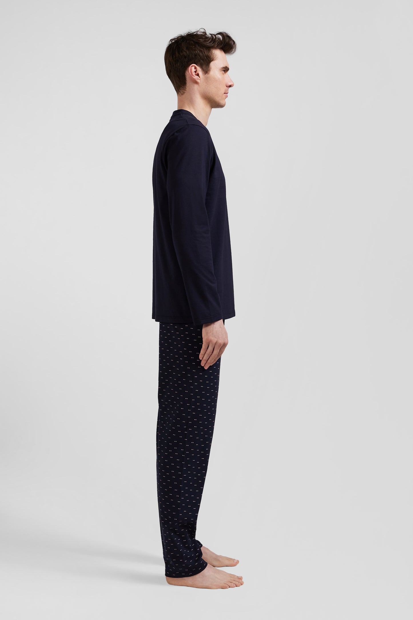 Pyjama long en coton bleu marine pantalon à micromotifs