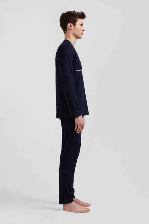 Pyjama long en coton bleu marine liseré blanc - Image 3