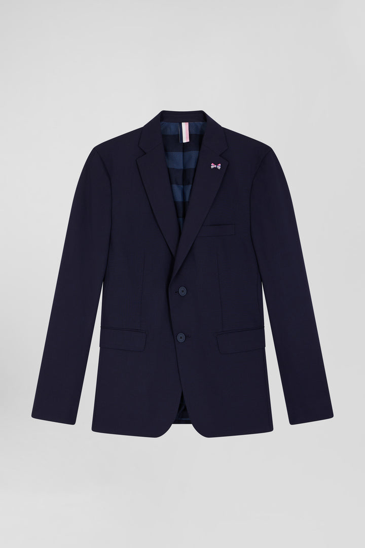 Navy blue wool blend jacket with striped lining Modern fit