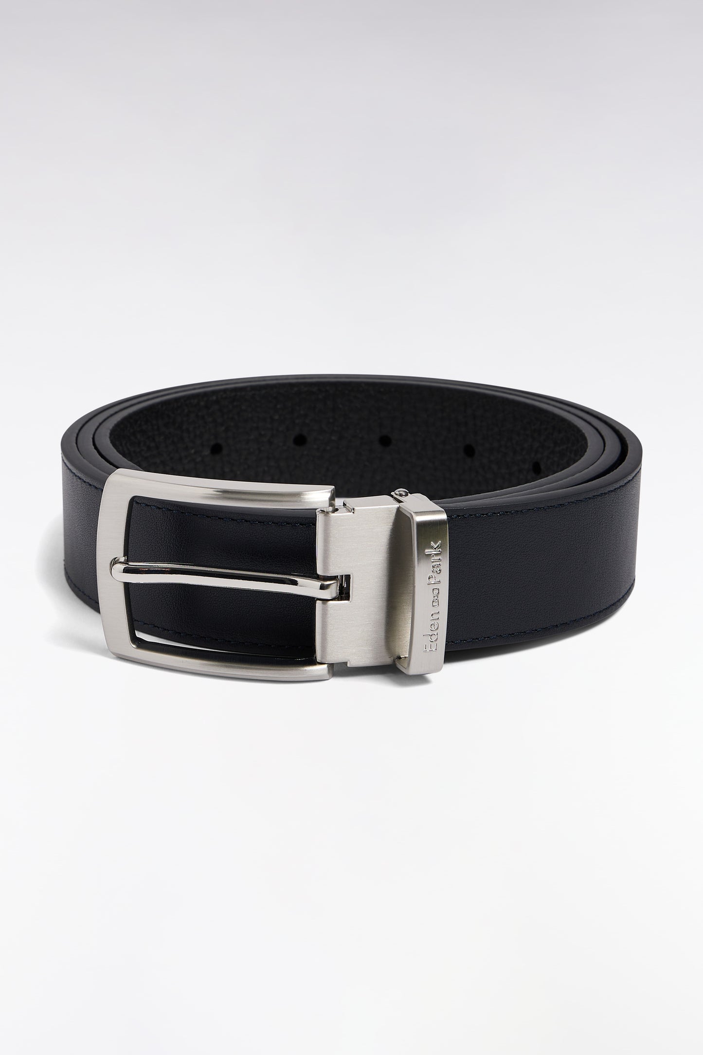 Reversible leather belt case with silver-plated buckles