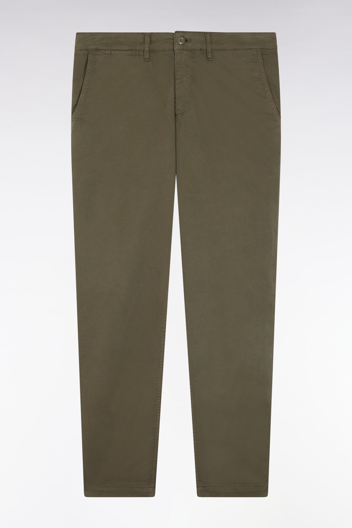 Pleatless chino pants in khaki stretch cotton
