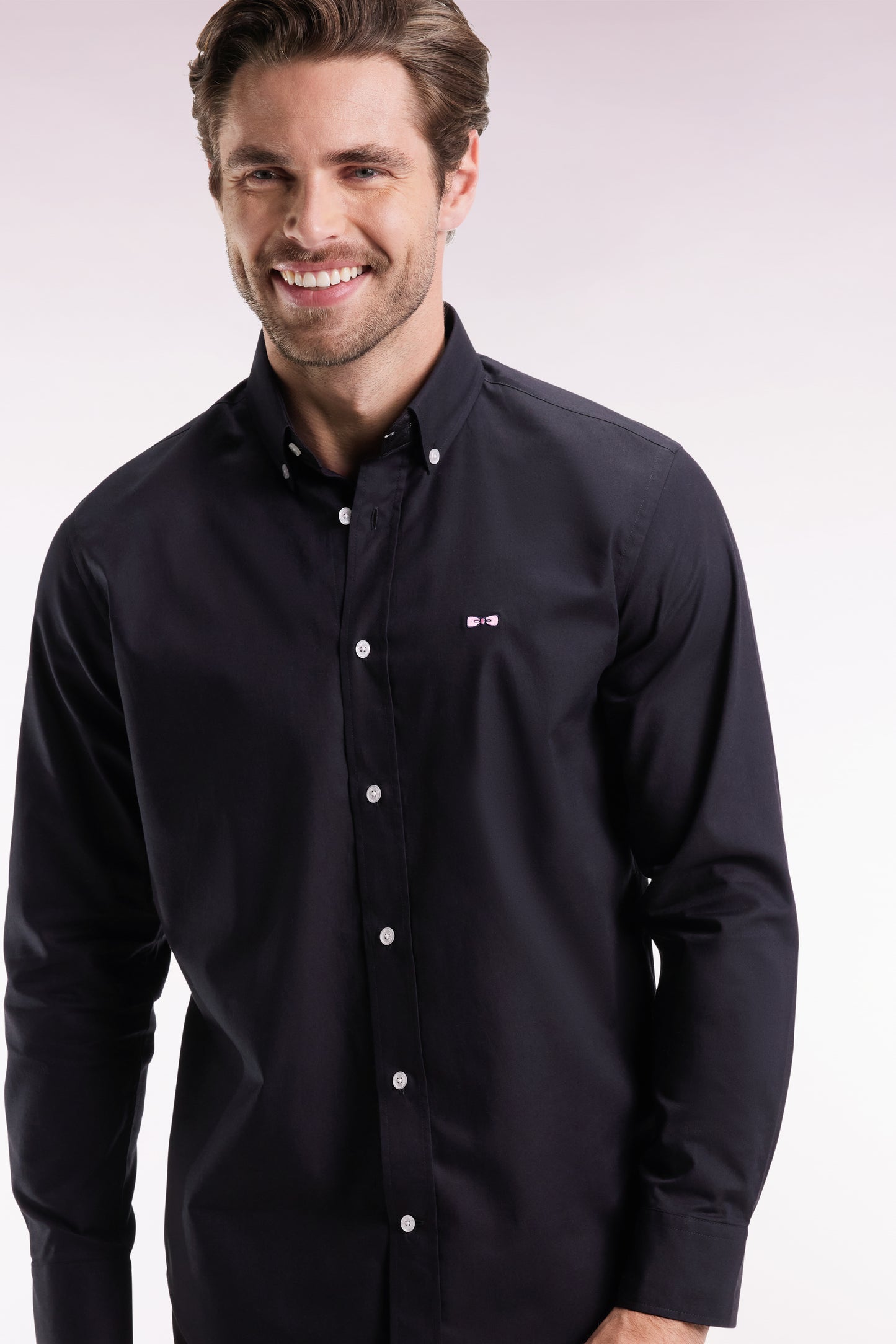 Black pinpoint cotton shirt with embroidered back, straight cut