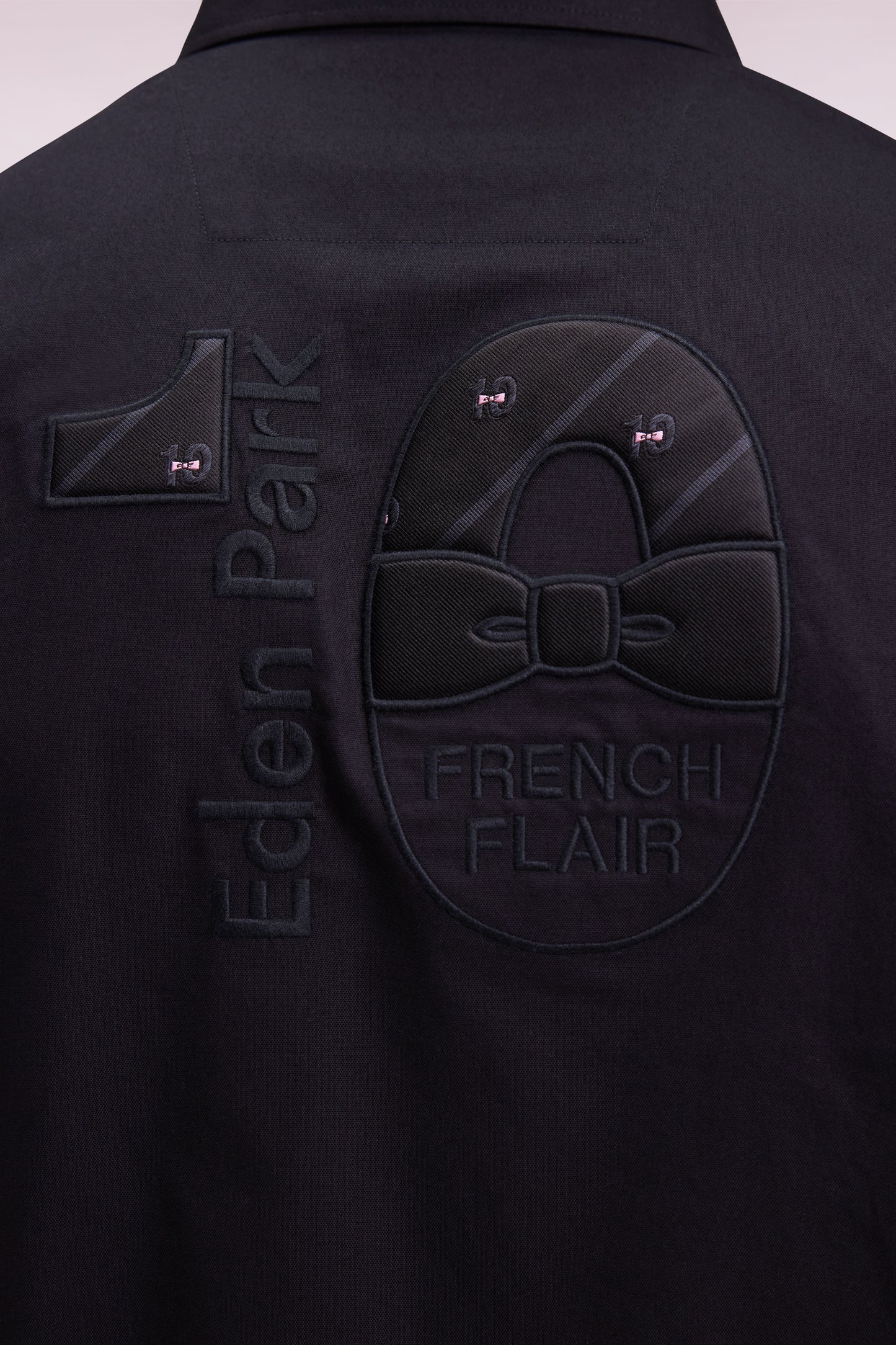 Black cotton shirt with bow-tie embroidery, straight cut