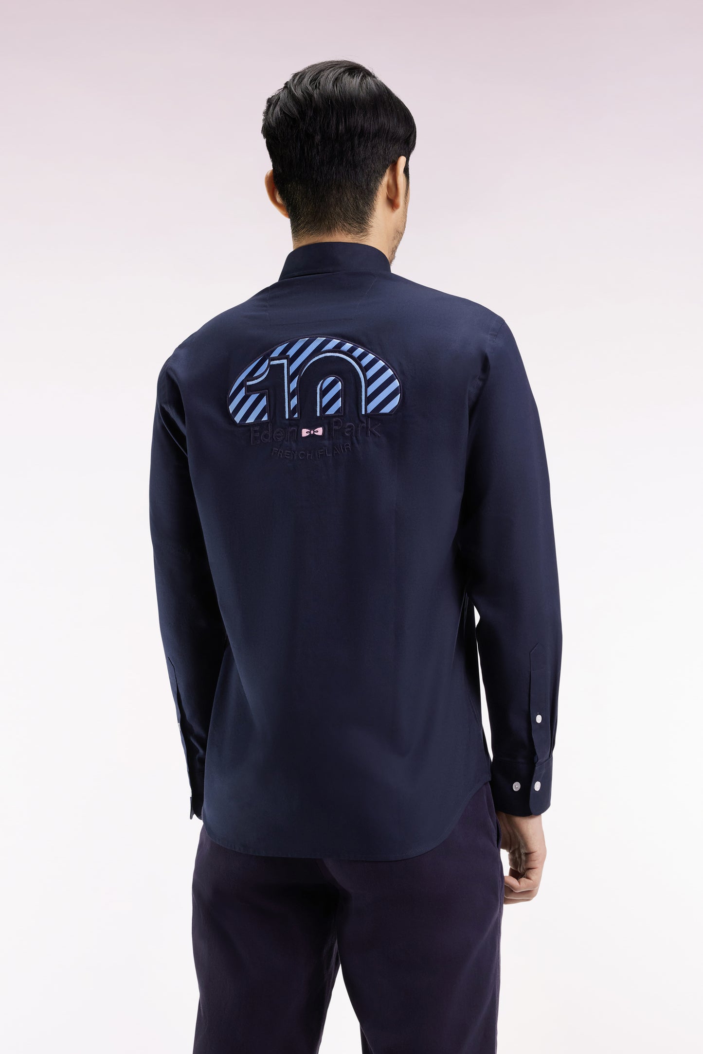 Navy cotton shirt with pink embroidery, straight cut