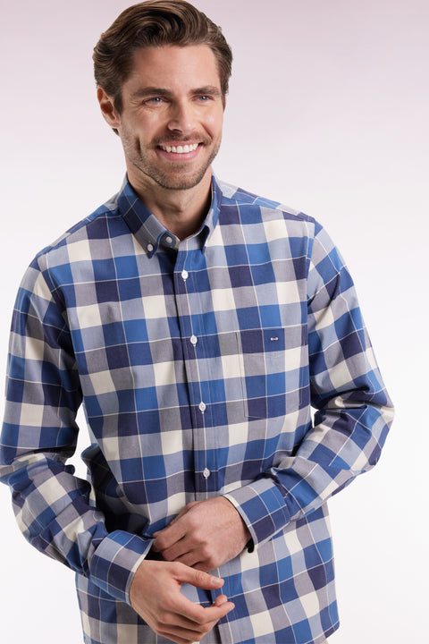 Blue cotton straight-cut check shirt - Image 1
