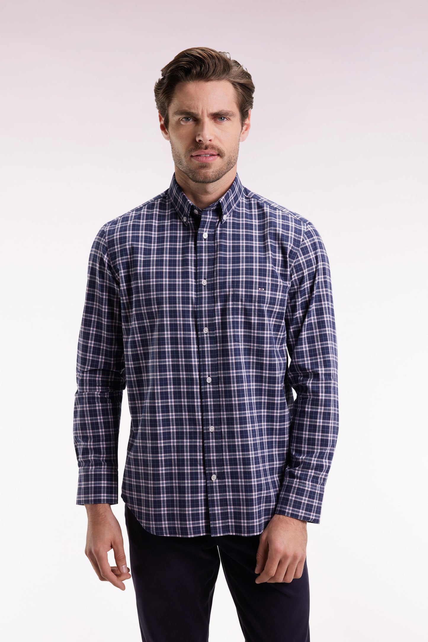 Navy and pink cotton check shirt, straight cut