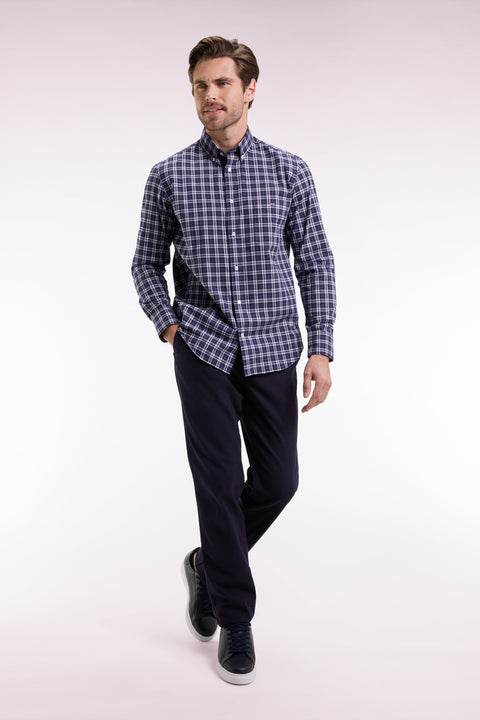Navy and pink cotton check shirt, straight cut - Image 1