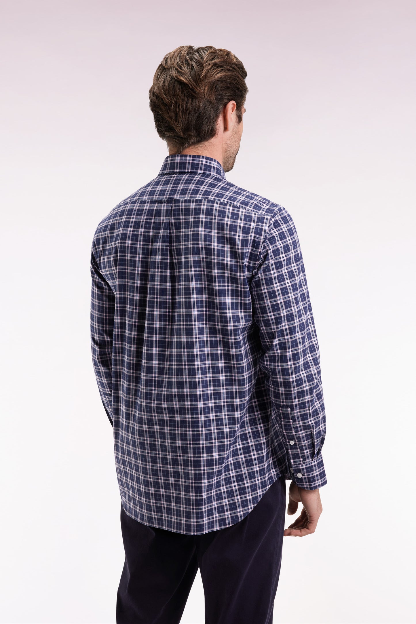 Navy and pink cotton check shirt, straight cut