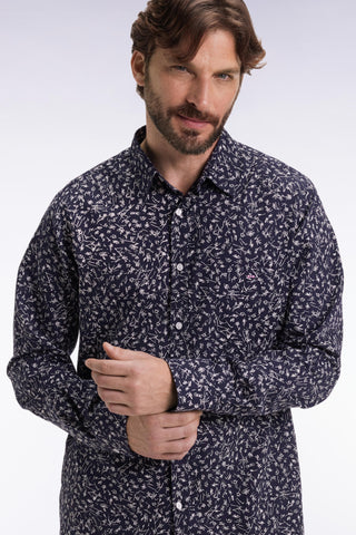 Chemise en coton marine imprimé floral coupe droite