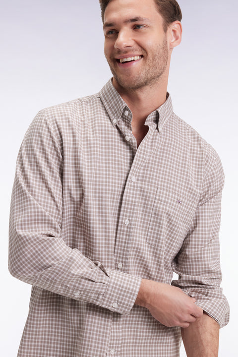 Chemise en coton à carreaux beige coupe droite - Image 3