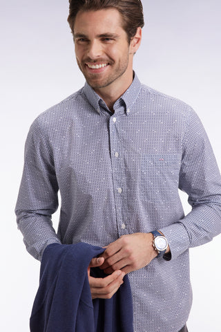 Chemise à micromotifs en coton bleu coupe droite