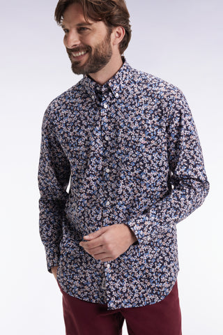 Chemise en popeline de coton à micro-motifs fleurs bleu coupe droite