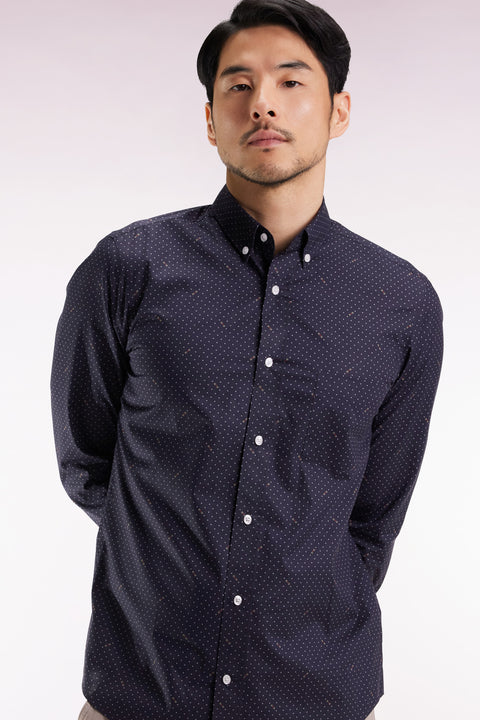 Black Pima cotton shirt with micro-patterned polka dots, slim fit - Image 3