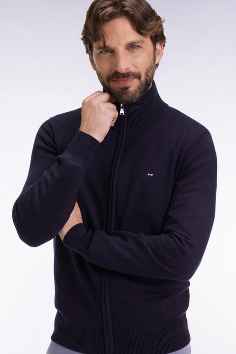 Cardigan zippé en laine et coton marine coupe droite - Image 1