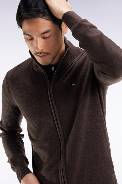Cardigan zippé en laine et coton marron coupe droite - Image 1