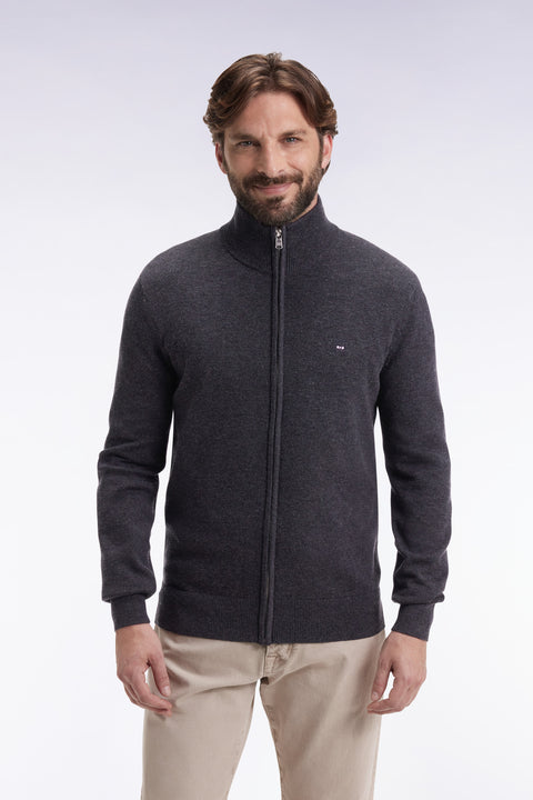Cardigan zippé en laine et coton gris foncé coupe droite - Image 3