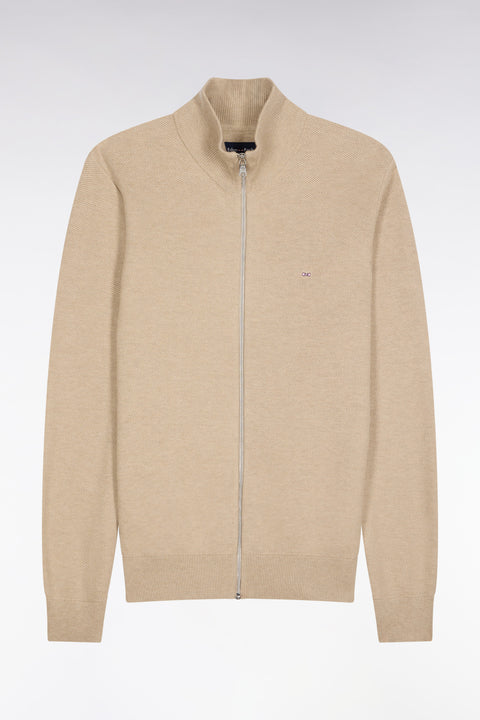 Cardigan zippé en laine et coton camel coupe droite - Image 1