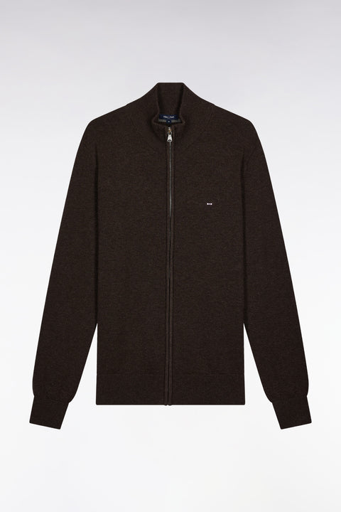 Cardigan zippé en laine et coton marron coupe droite - Image 2