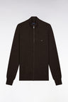 Cardigan zippé en laine et coton marron coupe droite