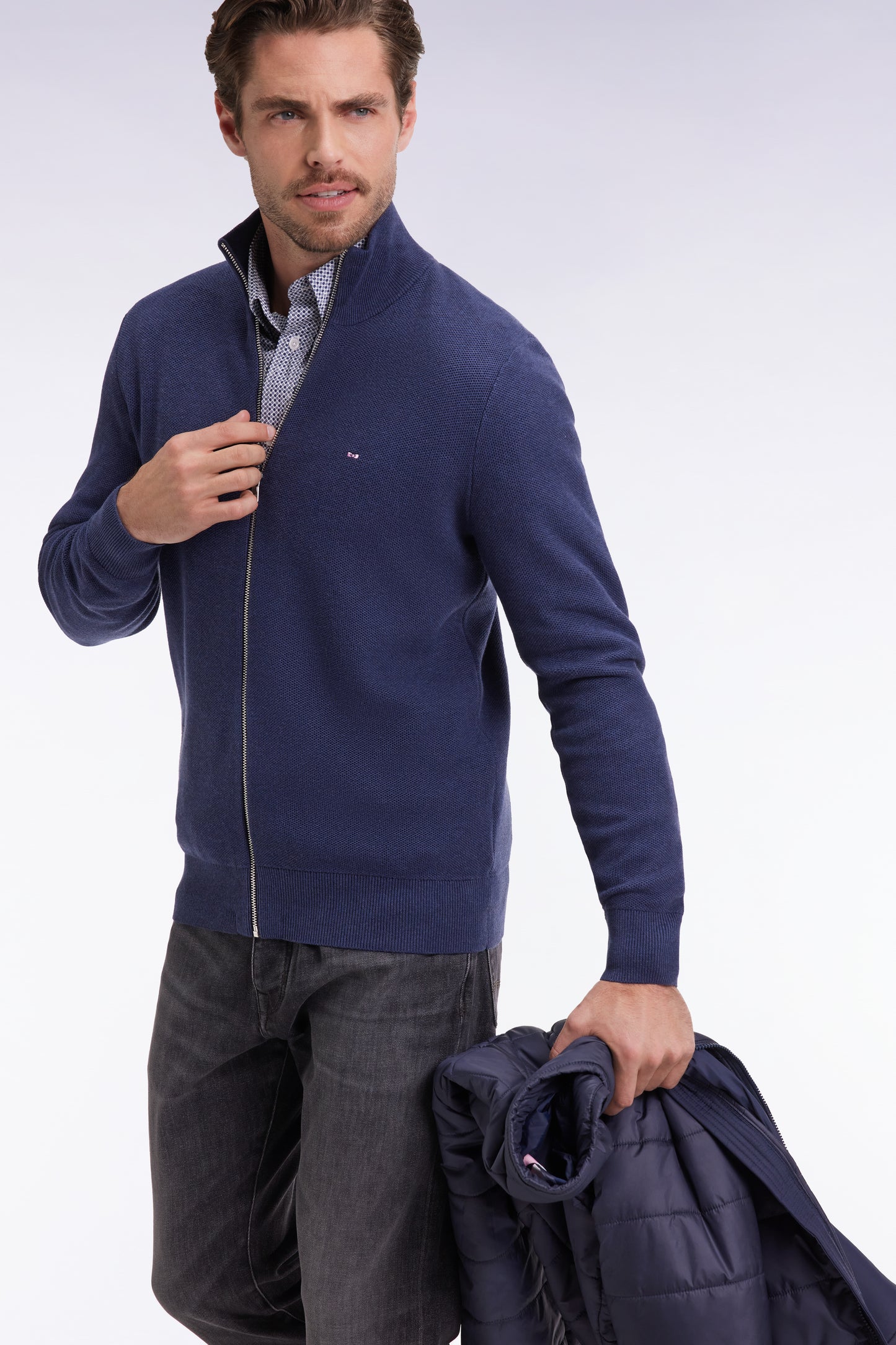 Cardigan en coton nid d'abeille marine coupe droite
