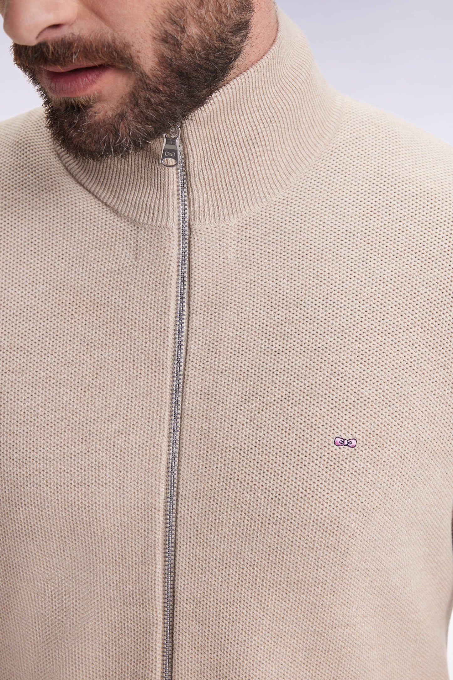 Cardigan en coton nid d'abeille beige coupe droite