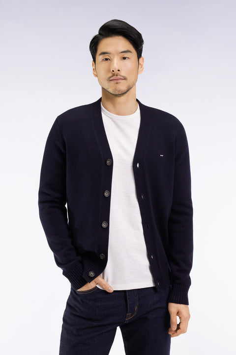 Cardigan en laine et coton marine coupe droite - Image 1