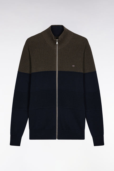Cardigan zippé en coton bicolore marine et marron coupe droite - Image 2
